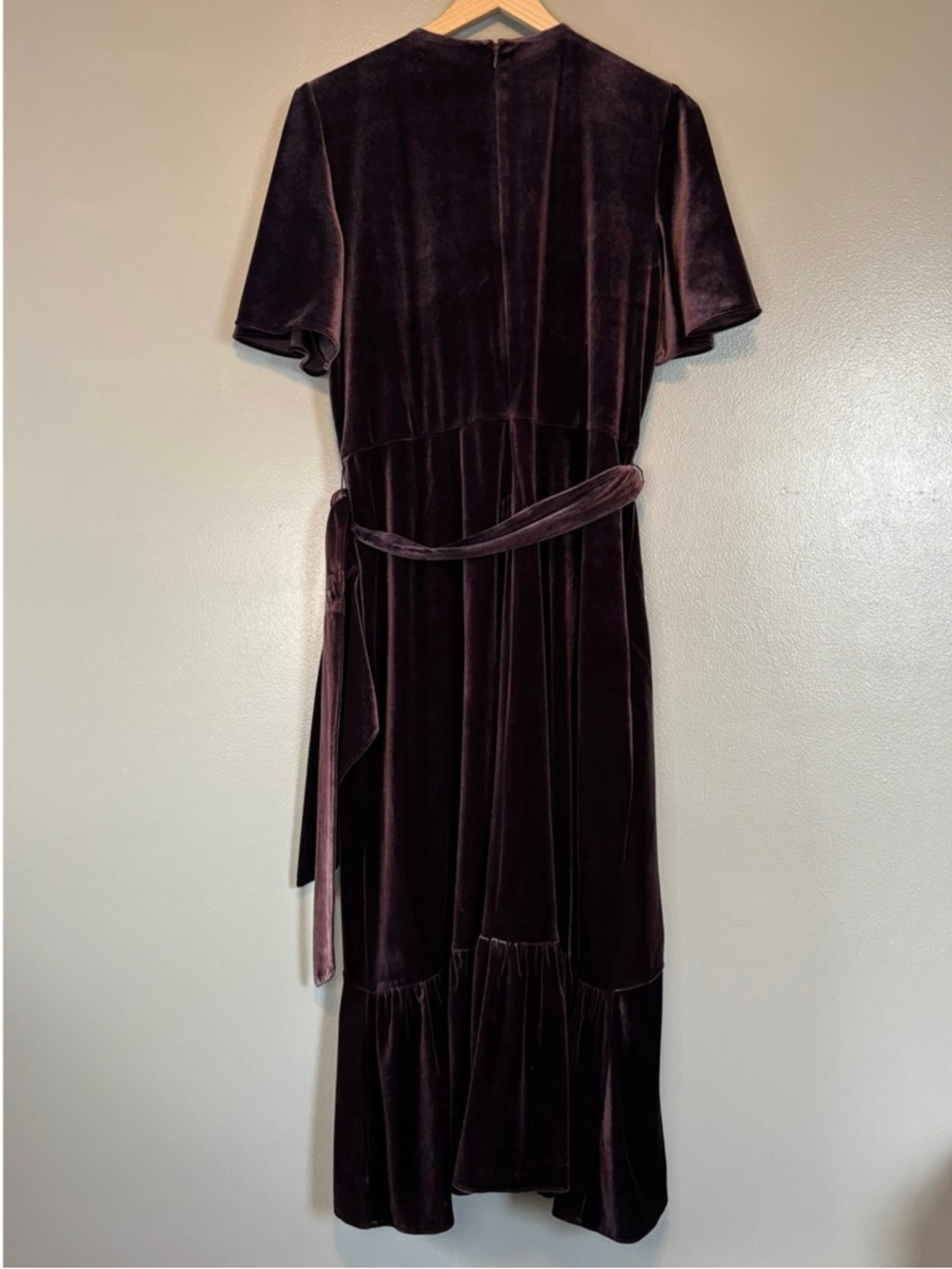 Lauren Ralph Lauren sz 14 Velvet Flutter Sleeve Belted Midi Dress Purple - Picture 5 of 7